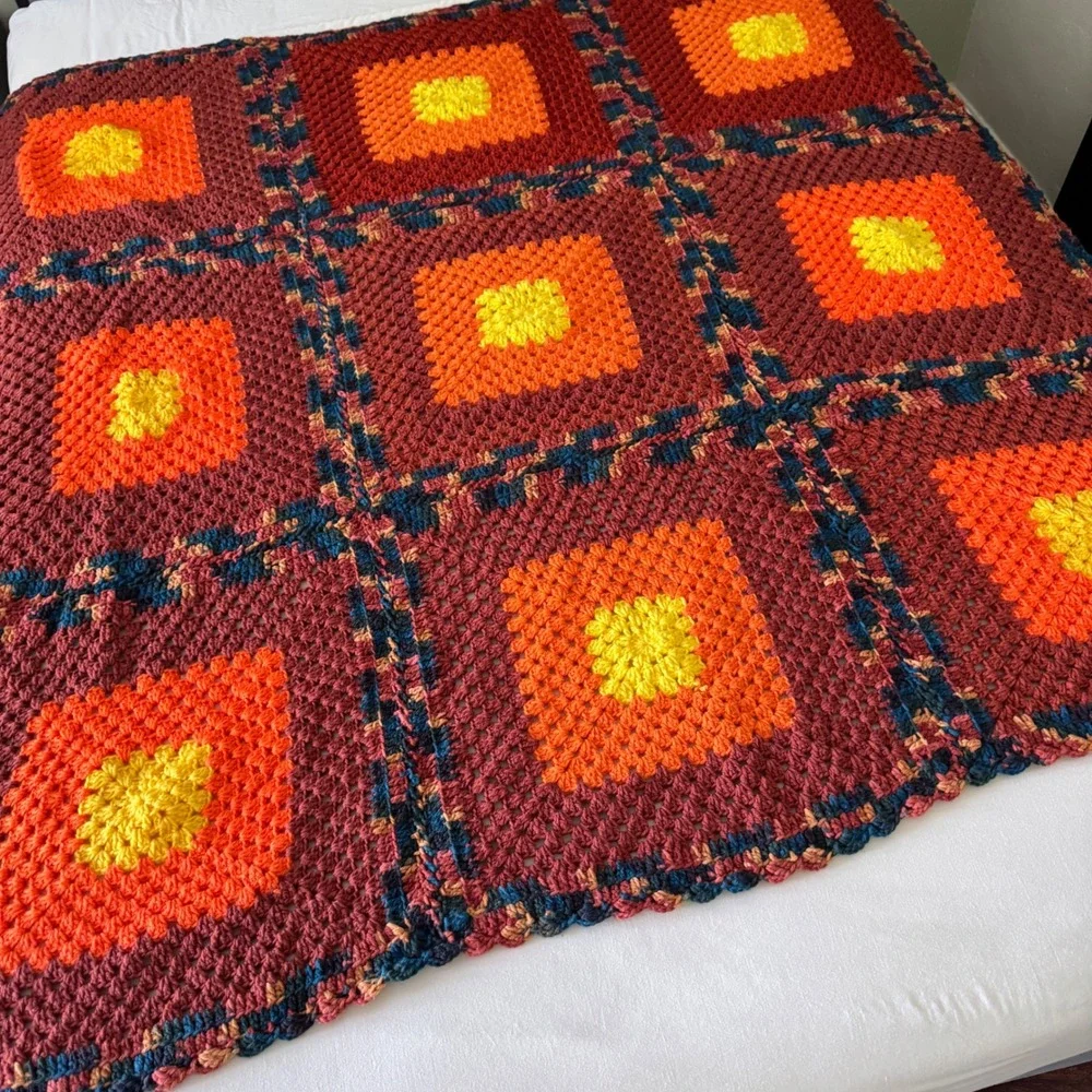Vintage Handmade Crochet Granny Square Afghan Knit Throw Blanket Orange Maroon